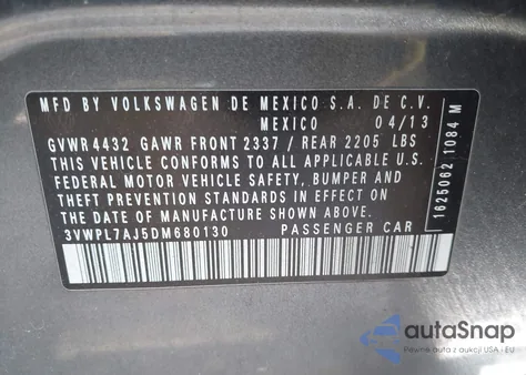 2013 Volkswagen Jetta Sportwagen 2.0L Tdi z USA, uszkodzony, nr VIN 3VWPL7AJ5DM680130